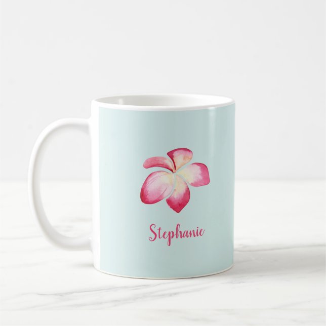 Tropical Plumeria Pink Watercolor Coffee Mug (Left)
