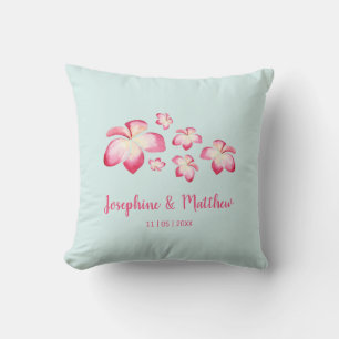 Tropical Plumeria Pink Watercolor Wedding Throw Pillow