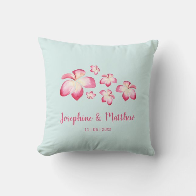 Tropical Plumeria Pink Watercolor Wedding Throw Pillow (Front)