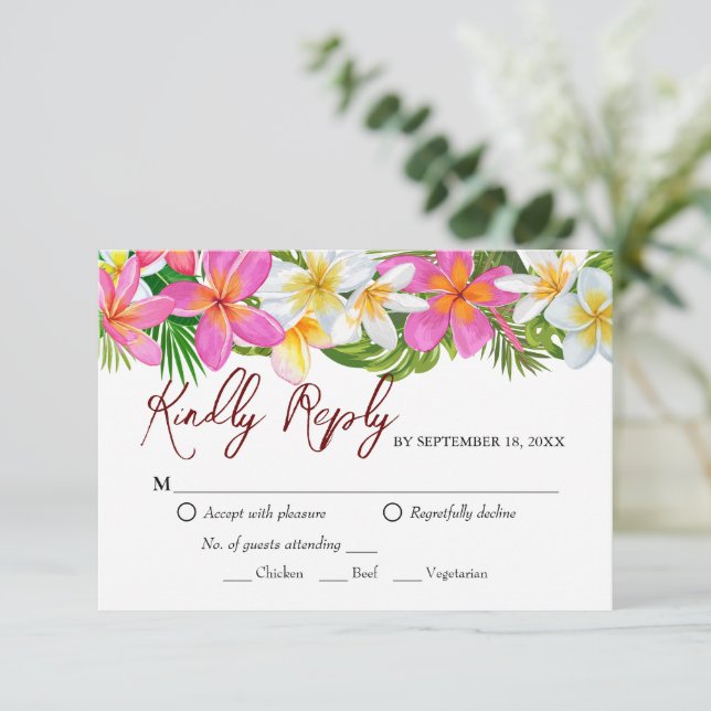 Tropical Plumeria Temple Tree Wedding RSVP Card (Standing Front)