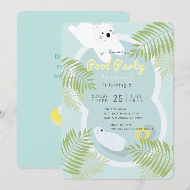 Tropical Polar Bear Pool Party Birthday Invitation (Front/Back)