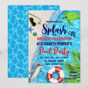 Tropical Pool, Dolphin/Turtle Pool Party Birthday Invitation