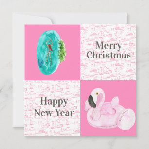 Tropical Pool Flamingo Floatie Toile Christmas Note Card