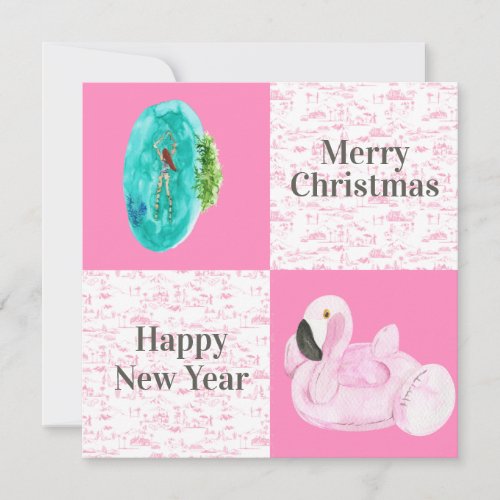 Tropical Pool Flamingo Floatie Toile Christmas  Note Card