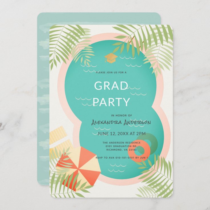 Tropical Pool Graduation Party Invitation | Zazzle