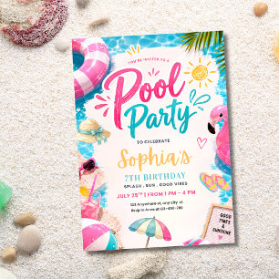 Tropical Pool Party Birthday Flamingo Summer Party Invitation