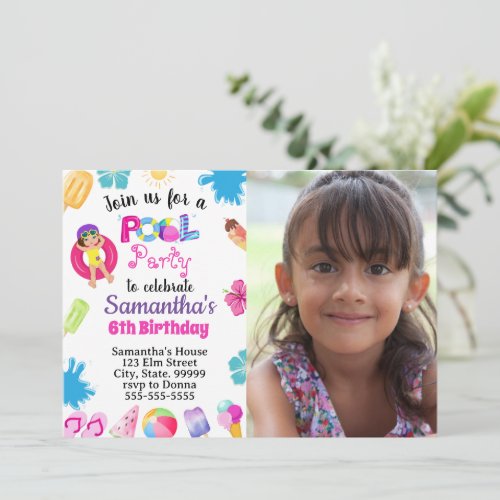 Tropical Pool Party Birthday Invitations for Girl 