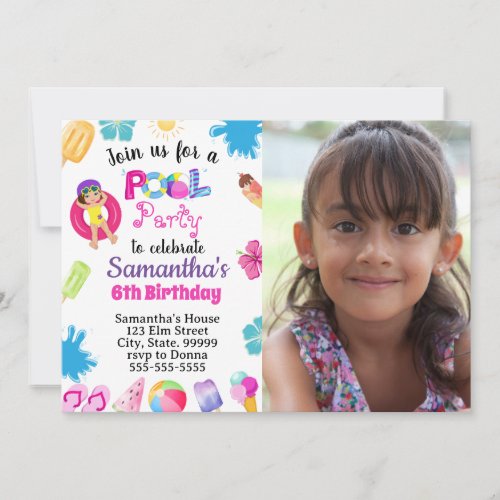 Tropical Pool Party Birthday Invitations for Girl 