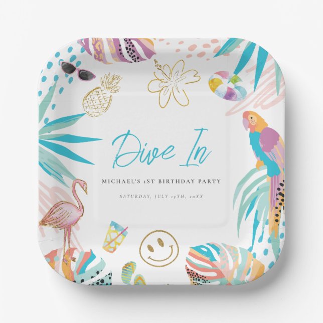 Tropical Pool Party Birthday Paper Plates (Front)