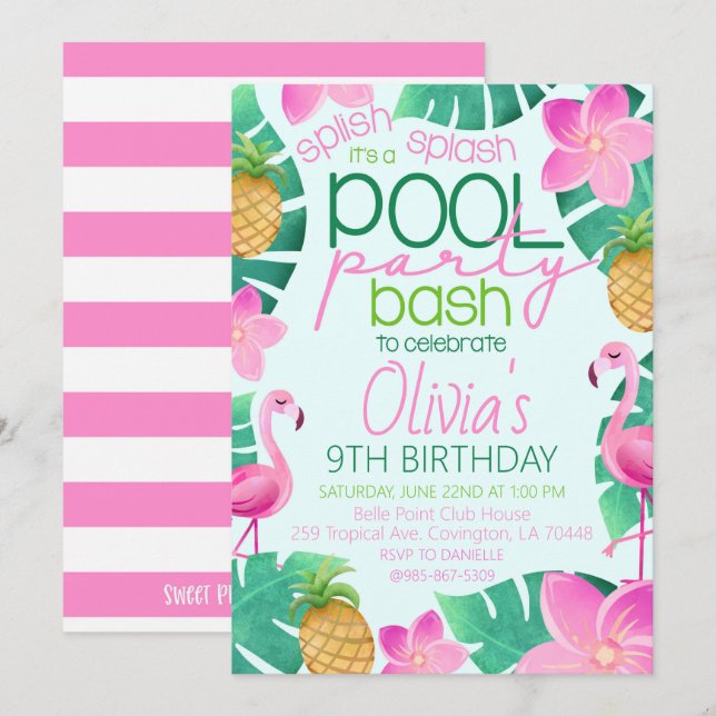 Tropical Pool Party Birthday Party Invitation (Front/Back)