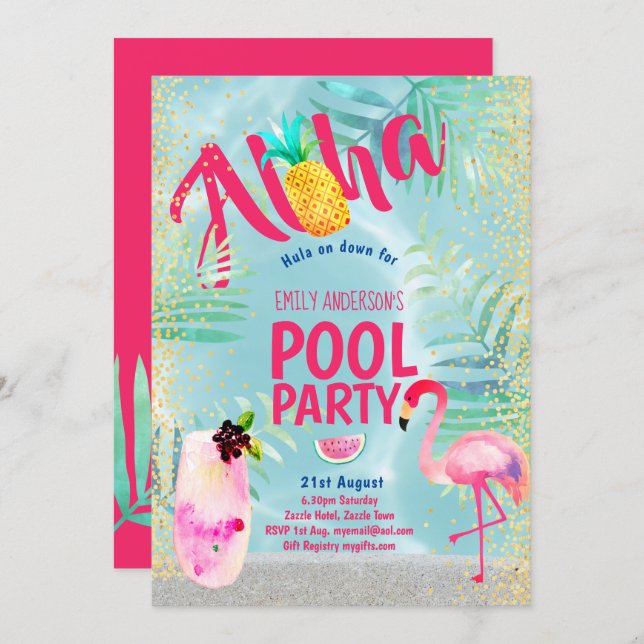 Tropical POOL PARTY Flamingo  Pineapple Aloha Luau Invitation (Front/Back)