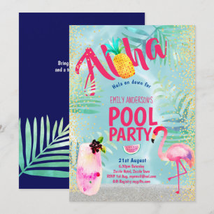 Tropical POOL PARTY Flamingo Pineapple Aloha Luau Invitation