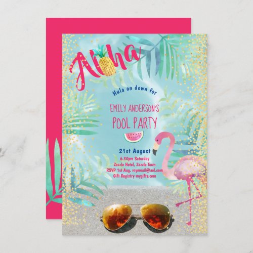 Tropical POOL PARTY Flamingo  Pineapple Aloha Luau Invitation