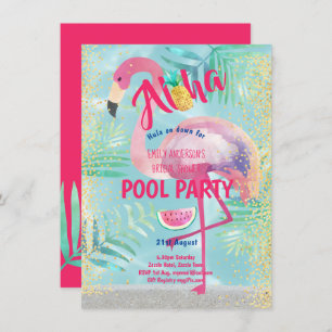 Tropical POOL PARTY Flamingo Pineapple Aloha Luau Invitation