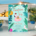 Tropical pool party floater Christmas in July Invitation<br><div class="desc">Introducing our festive and fun Christmas in July Invitation, perfect for celebrating the holiday spirit in the middle of summer! This vibrant invitation features a playful illustrated design with a pink flamingo donning a Santa hat, floating on a pool with tropical leaves and festive elements like ornaments and lights. The...</div>