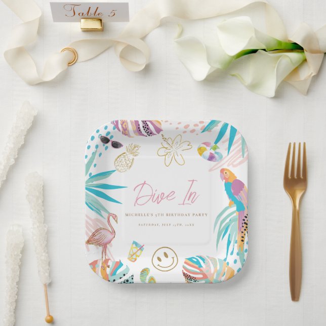 Tropical Pool Party Girl Birthday Paper Plates (Wedding)