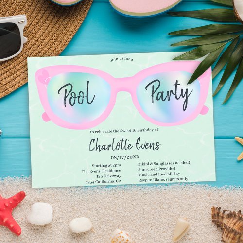 Tropical pool party holographic glasses Sweet 16 I Invitation