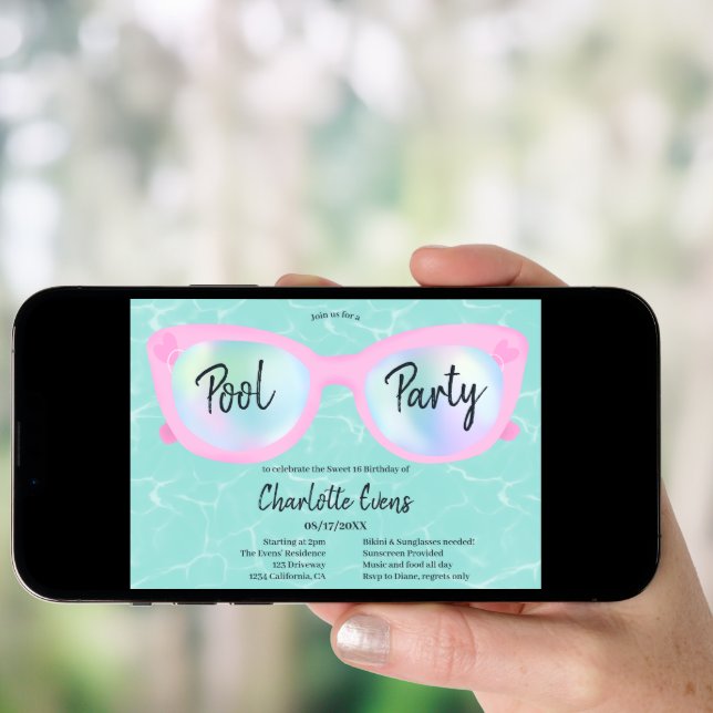 Tropical pool party holographic glasses Sweet 16 Invitation (Front Digital)