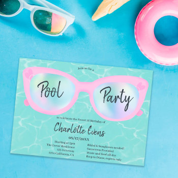 Tropical Pool Party Holographic Glasses Sweet 16 Invitation by girly_trend at Zazzle
