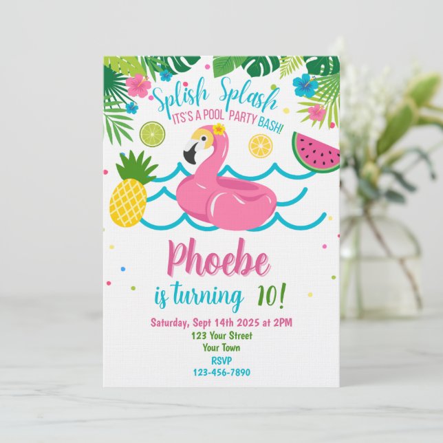 Tropical Pool Party Pink Flamingo Invitation (Standing Front)