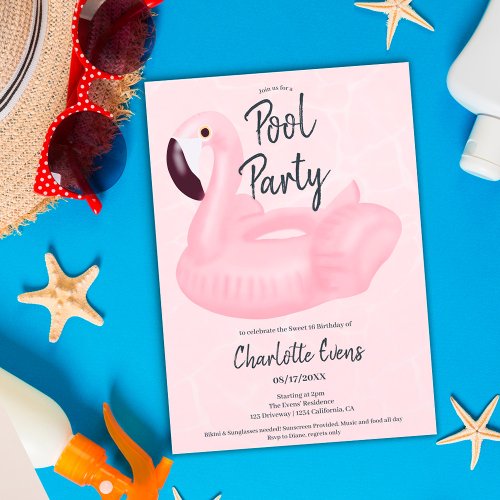 Tropical pool party pink flamingo Sweet 16 Invitation