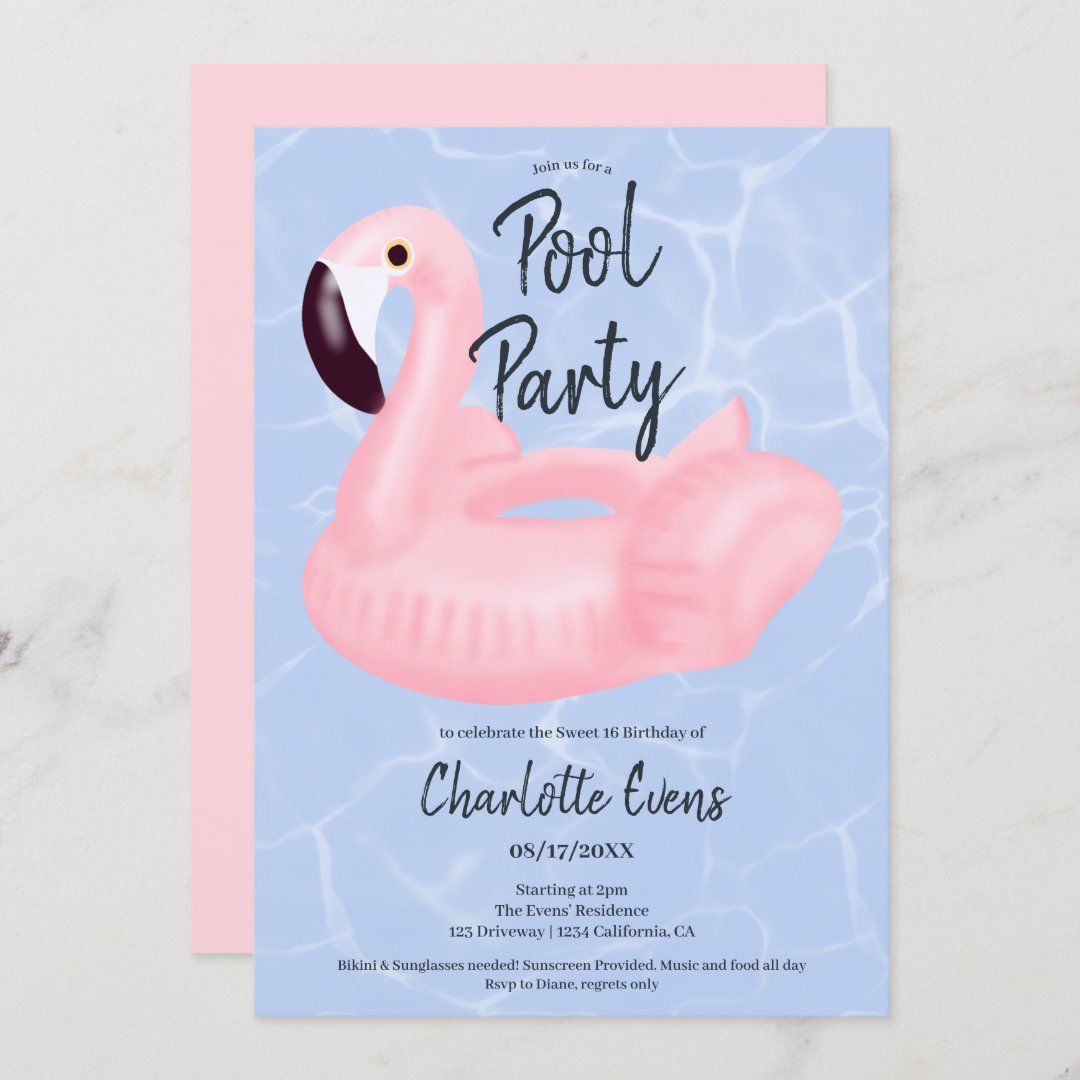 Tropical Pool Party Pink Flamingo Sweet 16 Invitation Zazzle 0050