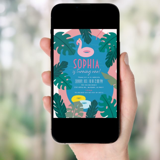Tropical Pool Party Pink Girl 1st Birthday Invitation (Front Digital)