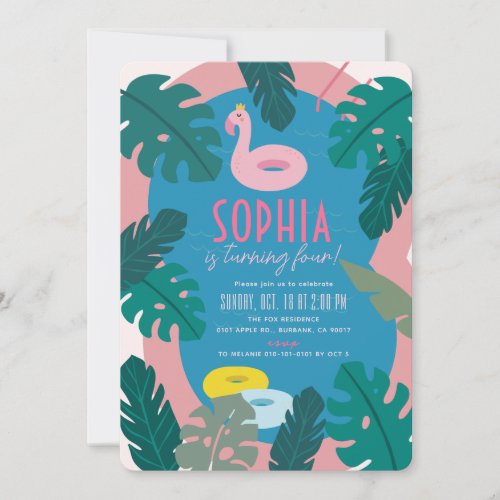 Tropical Pool Party Pink Girl Birthday Invitation