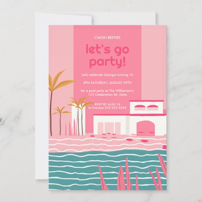 Tropical Pool Party Retro Pink Birthday Invitation (Front)