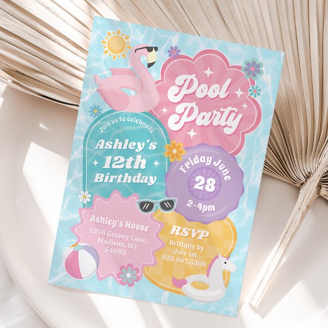 Tropical Pool Party Retro Summer Birthday Party Invitation (Tropical Pool Party Invitation)