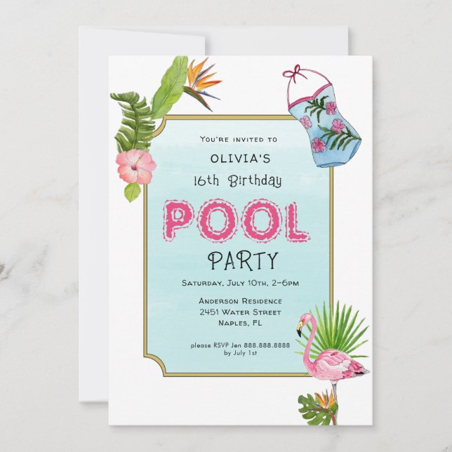Tropical Pool Party | Summer Birthday Party Announcement (Front)
