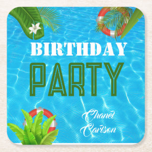 Tropical Pool Party Summer Birthday Square Paper Coaster
