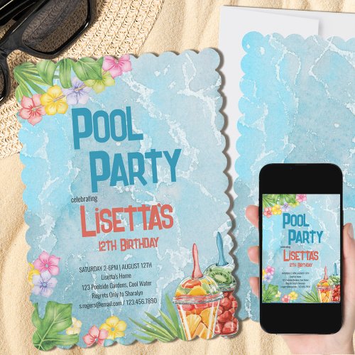 Tropical Pool Party Swimming Birthday Invitation