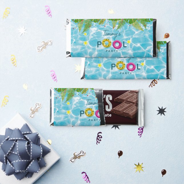 Tropical Pool Party Swimming Pool Birthday  Hershey Bar Favors (Front)