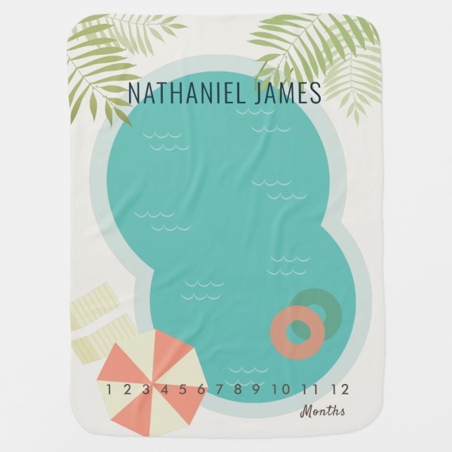 Tropical Pool with Palm Trees Monthly Milestone Baby Blanket (Front)