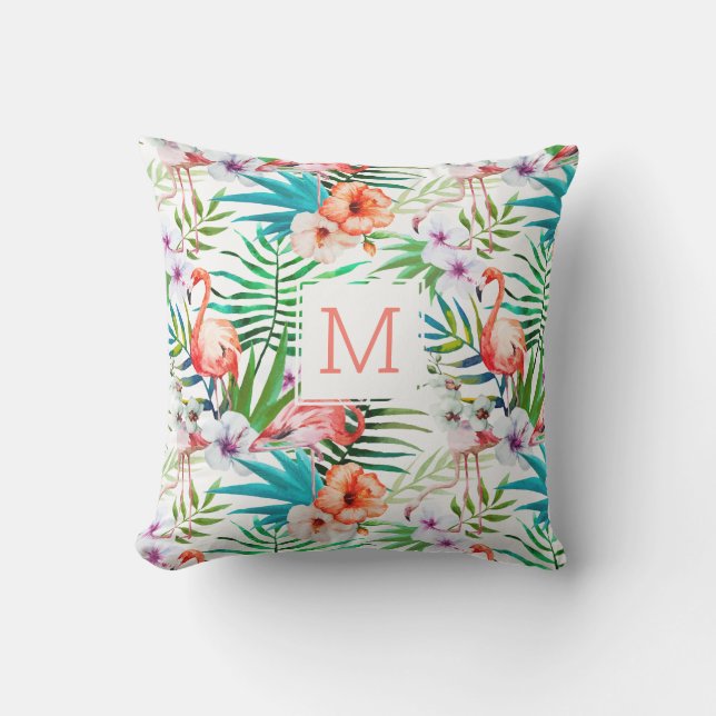 Tropical Pretty Floral Flamingo Bird Monogram Outdoor Pillow (Front)