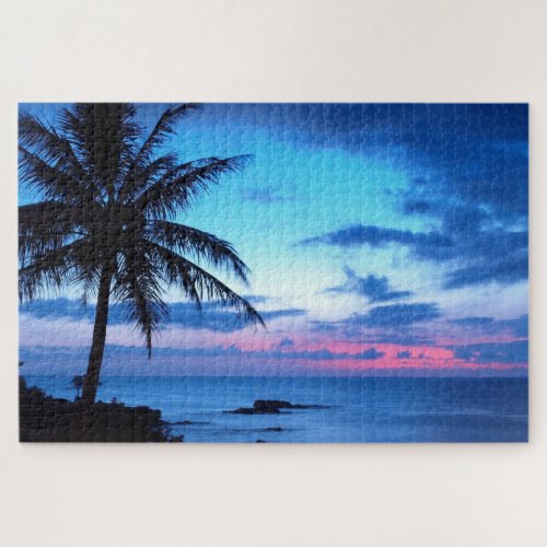 Tropical Pretty Pink Blue Sunset Landscape Art Jigsaw Puzzle
