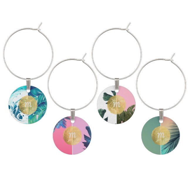 Tropical Print Monogram Wine Charms Gold Foil (Staggered)