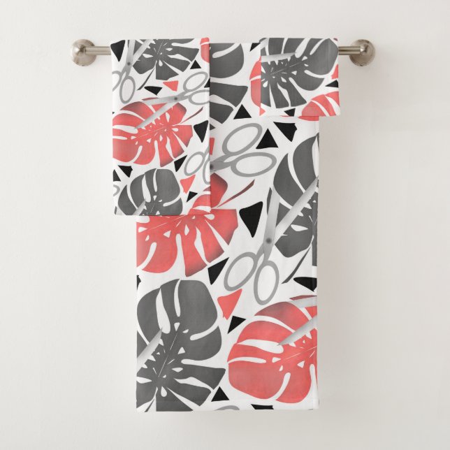 Tropical print monstera leaves scissors jungle exo bath towel set (Insitu)
