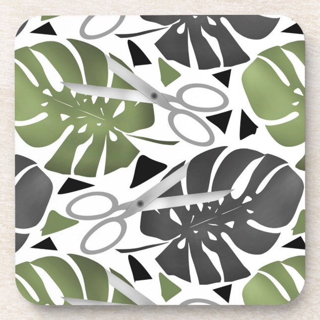 Tropical print monstera leaves scissors jungle exo beverage coaster (Front)