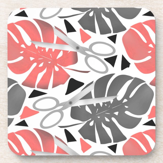 Tropical print monstera leaves scissors jungle exo beverage coaster (Front)