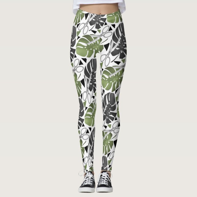 Tropical print monstera leaves scissors jungle exo leggings (Front)