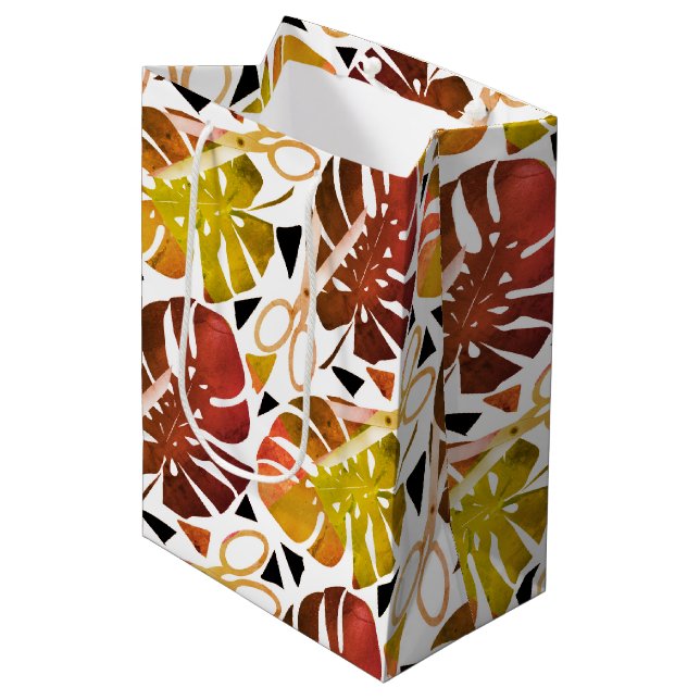 Tropical print monstera leaves scissors jungle exo medium gift bag (Front Angled)