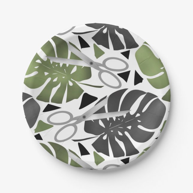 Tropical print monstera leaves scissors jungle exo paper plates (Front)