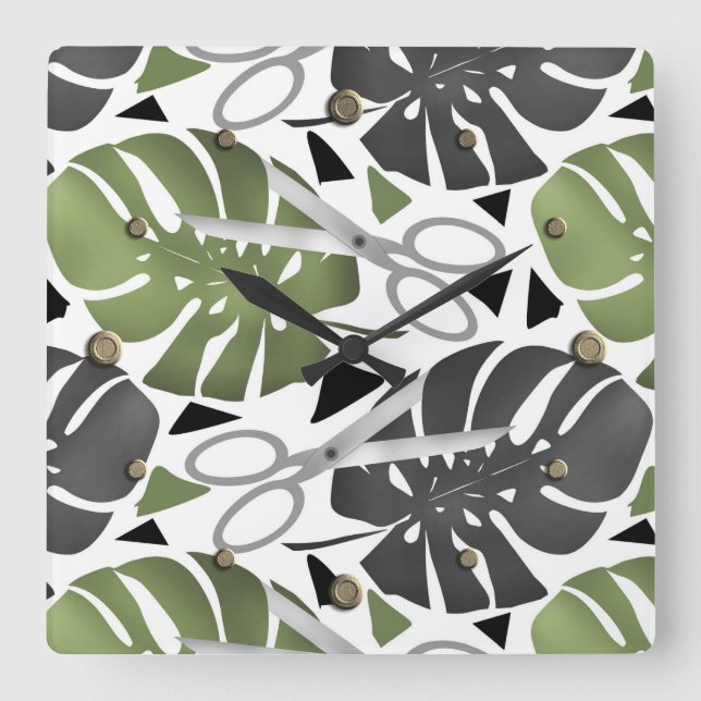 Tropical print monstera leaves scissors jungle exo square wall clock (Front)