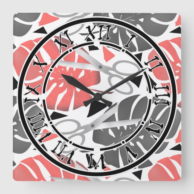 Tropical print monstera leaves scissors jungle exo square wall clock (Front)