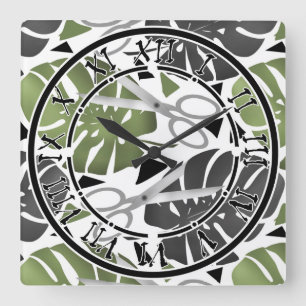 Tropical print monstera leaves scissors jungle exo square wall clock