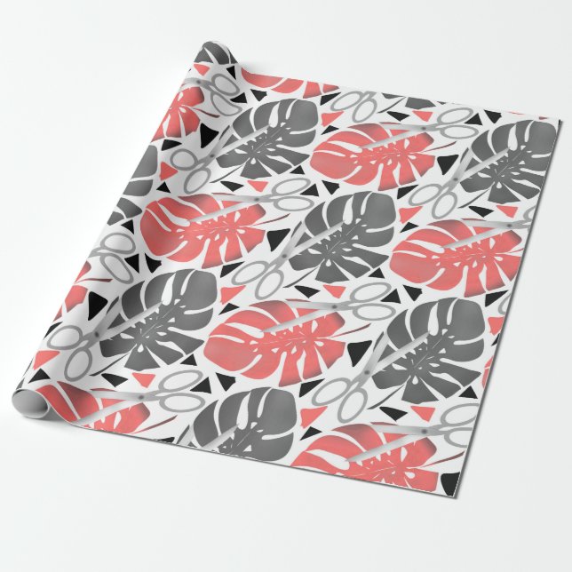 Tropical print monstera leaves scissors jungle exo wrapping paper (Unrolled)