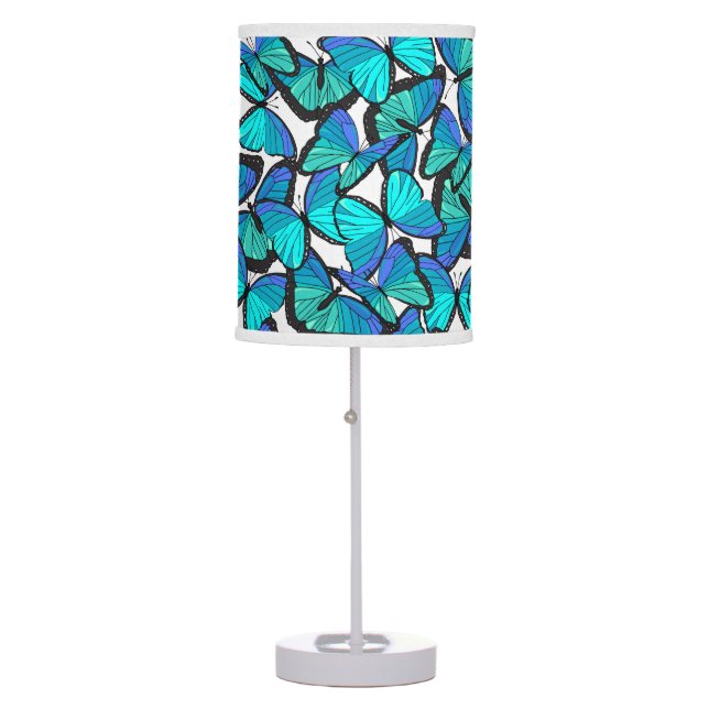 Tropical Print of Bright Aqua Blue Butterflies Table Lamp (Front)