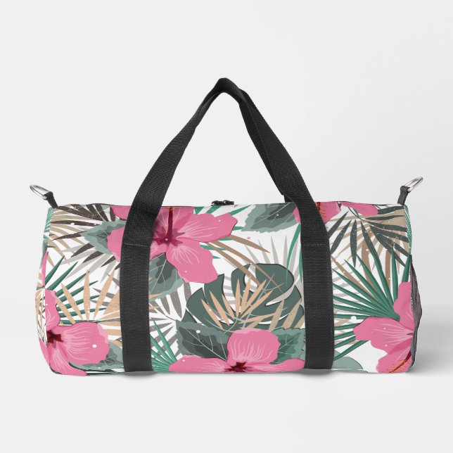 Tropical Print Pink Hibiscus Duffle Bag (Front)